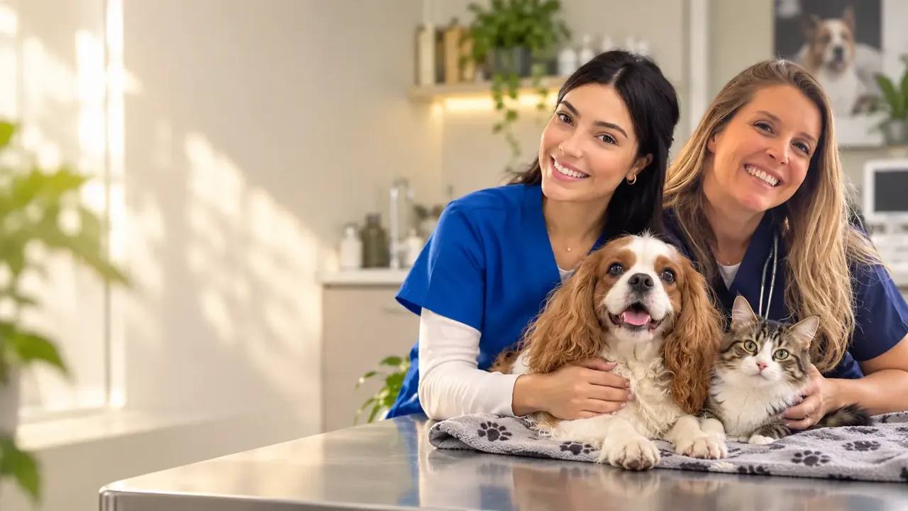 Duas profissionais sorridentes com um cão cavalier king charles e um gato sobre a mesa de atendimento
