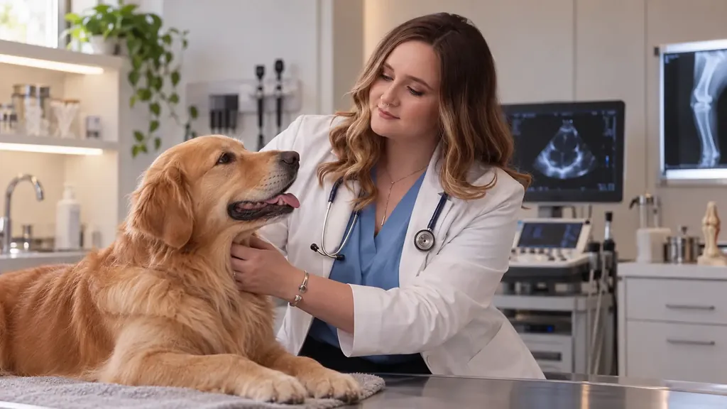 Médica-veterinária de jaleco branco examina um golden retriever deitado sobre a mesa de atendimento