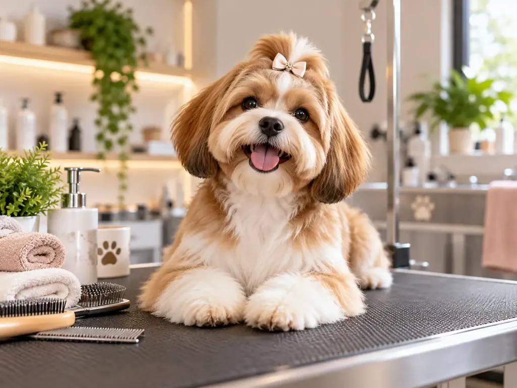 Cão de pelagem longa caramelo e branca, penteado e com laço, sobre a mesa de estética com escovas e toalhas