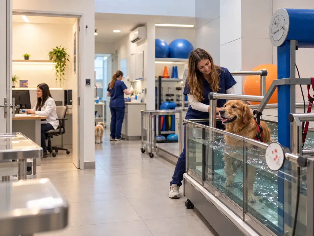 Profissionais em atendimento veterinário enquanto um golden retriever se exercita na hidroesteira