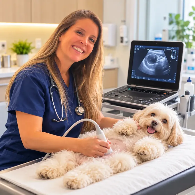 Médica-veterinária sorridente realiza ultrassonografia em um cão de pelagem clara deitado sobre a mesa de exame