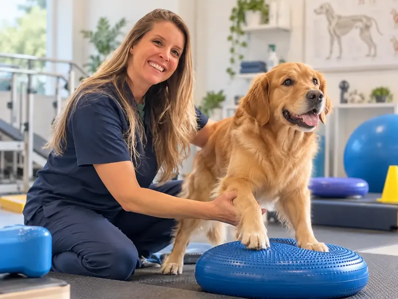 Profissional auxilia um golden retriever em exercício de equilíbrio sobre um disco de fisioterapia