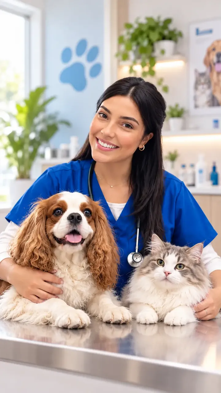 Médica-veterinária sorridente abraça um cão cavalier king charles e um gato de pelagem longa sobre a mesa de atendimento