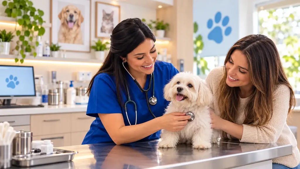 Médica-veterinária ausculta um cão de pelagem branca enquanto a tutora acompanha o atendimento